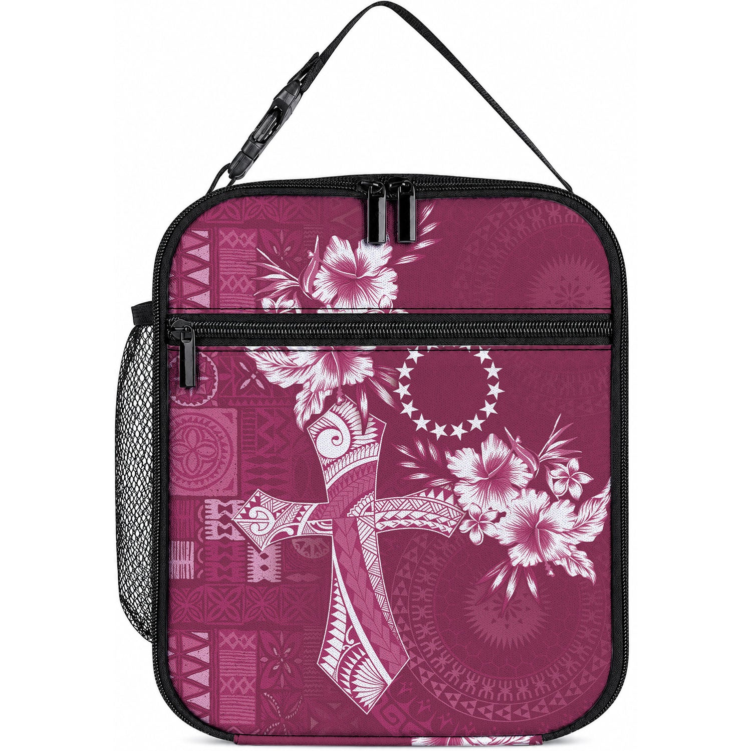 Kia Orana Cook Islands Tapa Floral With Cross Lunch Bag Maroon LT7 10.2 × 8.3 × 4.3 inch Maroon - Polynesian Pride