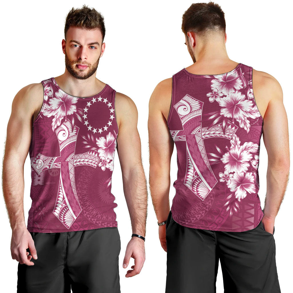 Kia Orana Cook Islands Tapa Floral With Cross Men Tank Top Maroon LT7 - Polynesian Pride