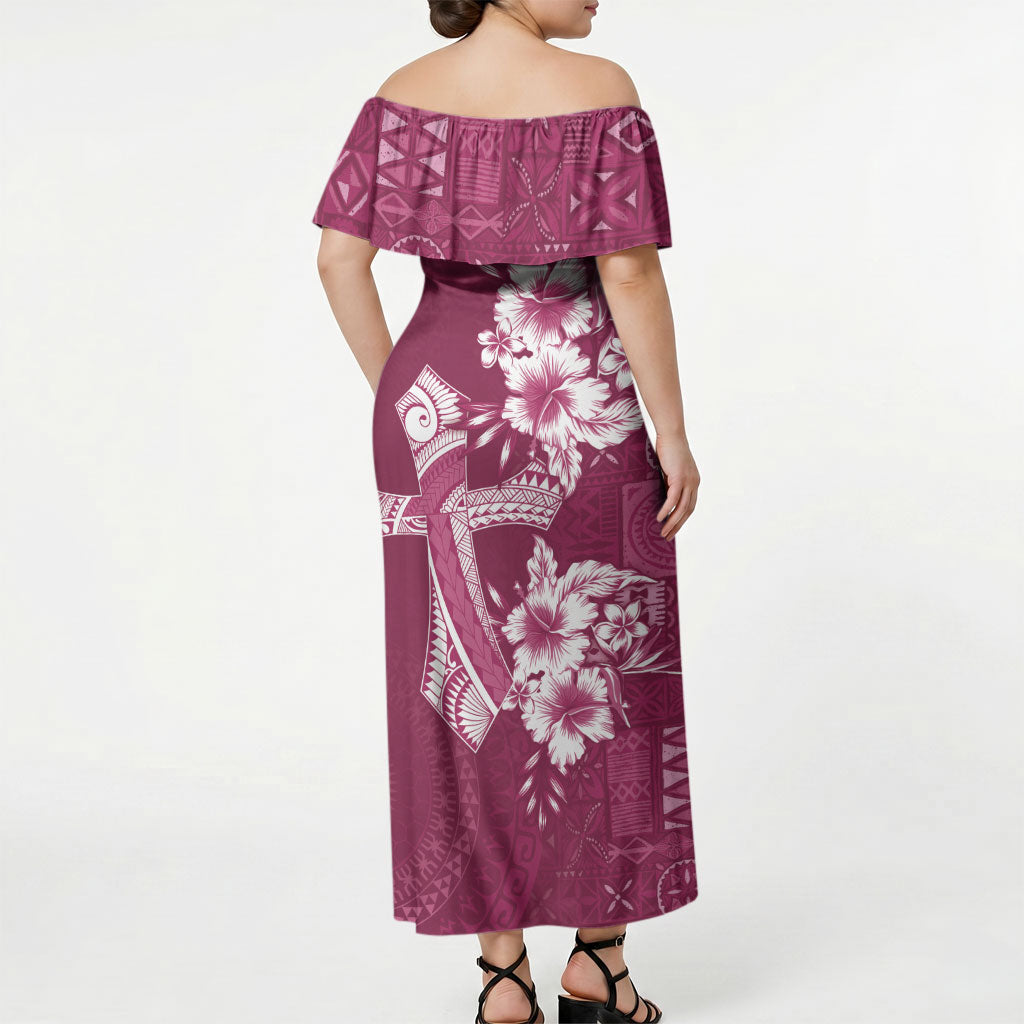 Kia Orana Cook Islands Tapa Floral With Cross Off Shoulder Maxi Dress Maroon LT7 - Polynesian Pride