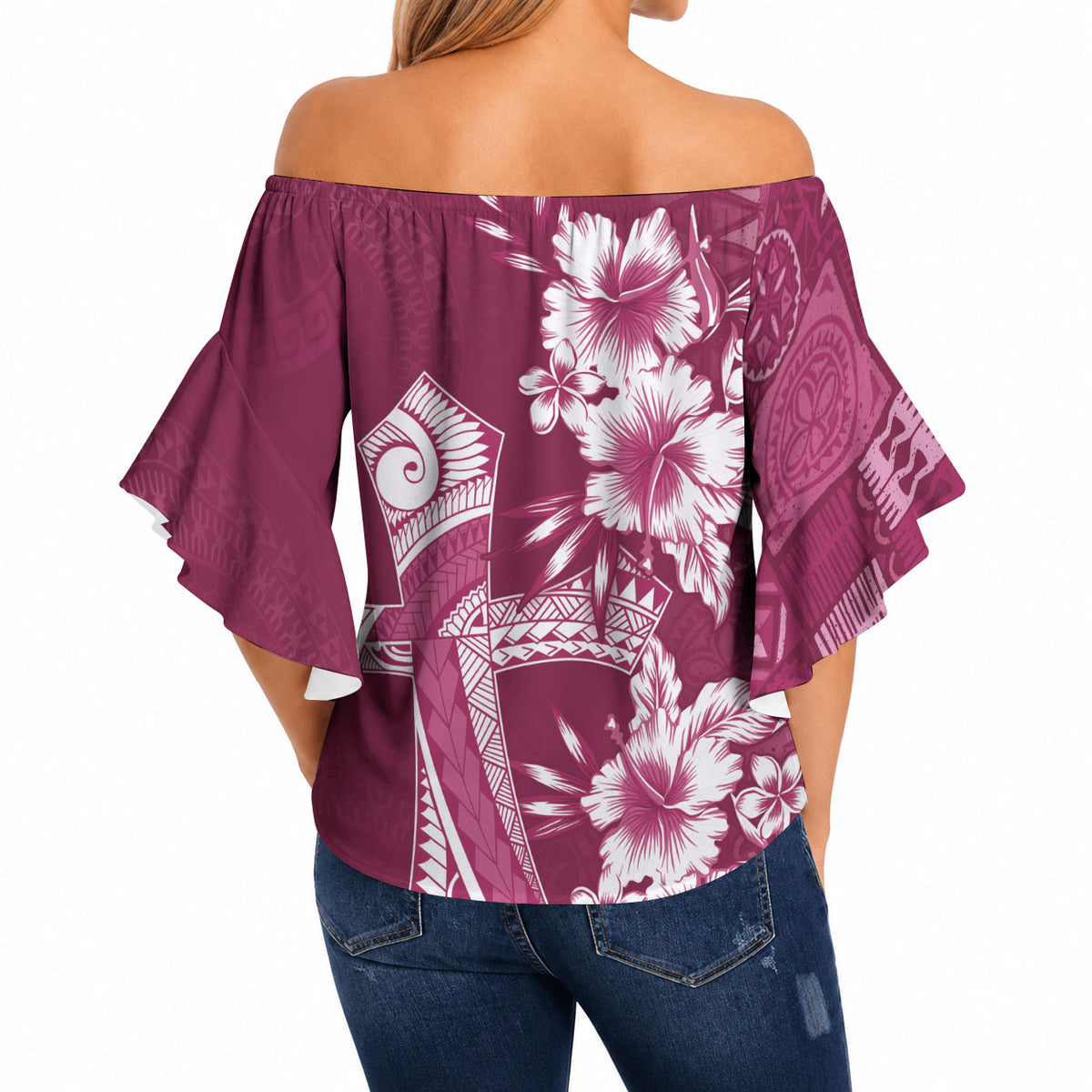 Kia Orana Cook Islands Tapa Floral With Cross Off Shoulder Wrap Waist Top Maroon LT7 - Polynesian Pride