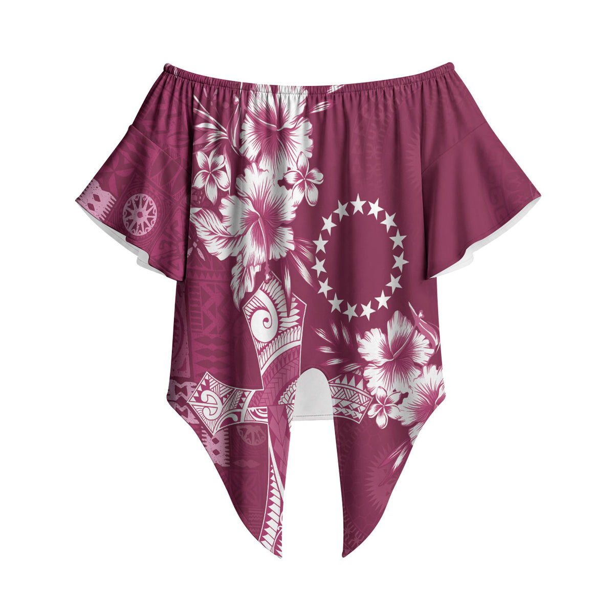 Kia Orana Cook Islands Tapa Floral With Cross Off Shoulder Wrap Waist Top Maroon LT7 - Polynesian Pride