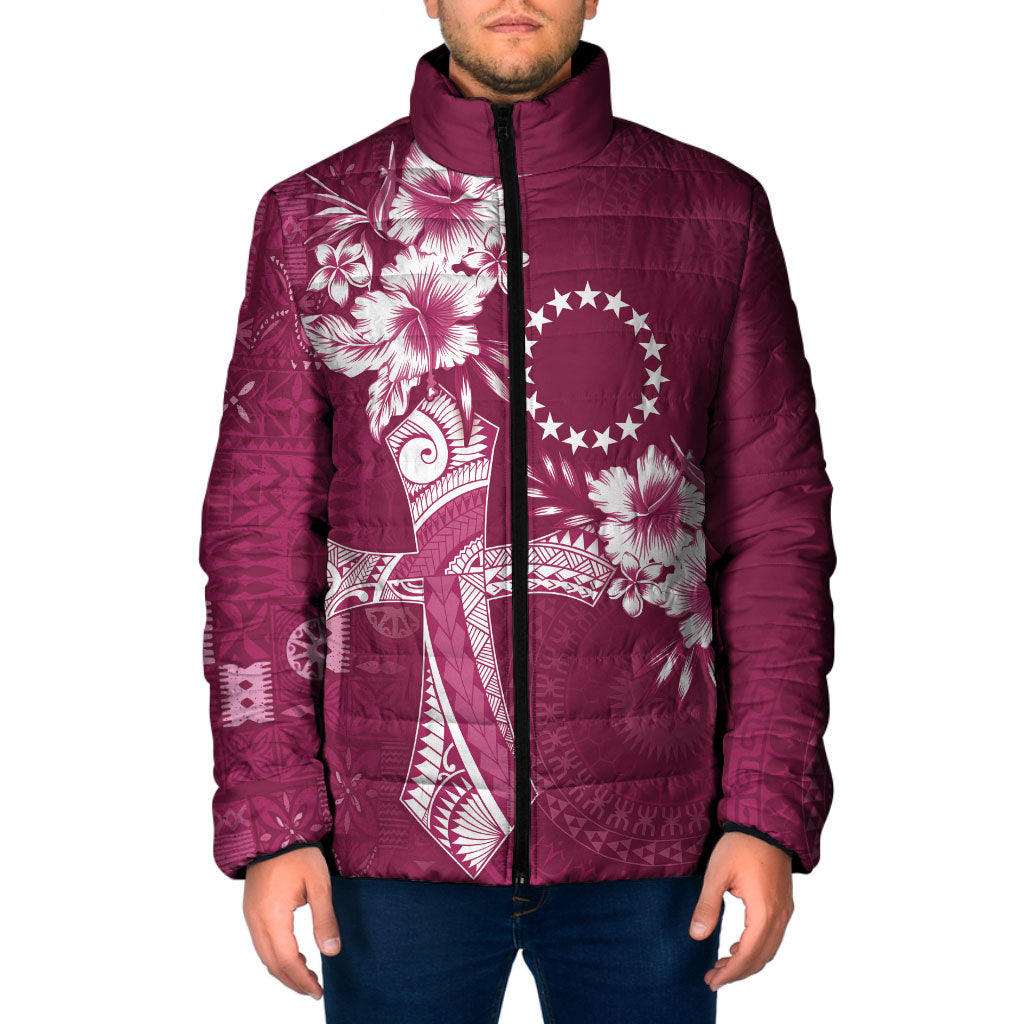 Kia Orana Cook Islands Tapa Floral With Cross Padded Jacket Maroon LT7 Men Maroon - Polynesian Pride