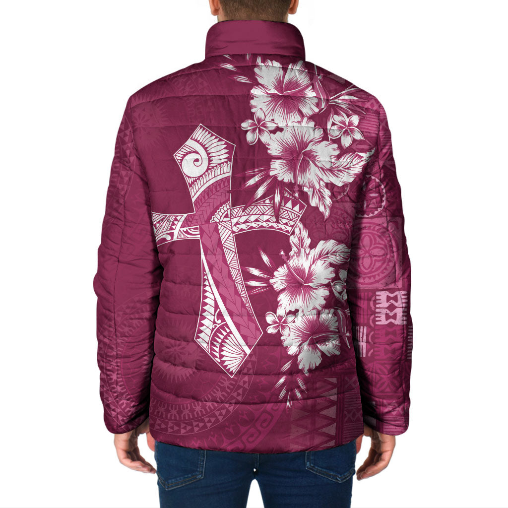 Kia Orana Cook Islands Tapa Floral With Cross Padded Jacket Maroon LT7 - Polynesian Pride