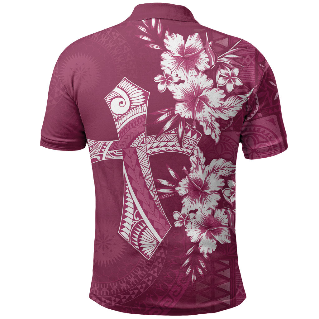 Kia Orana Cook Islands Tapa Floral With Cross Polo Shirt Maroon LT7 - Polynesian Pride