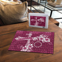 Kia Orana Cook Islands Tapa Floral With Cross Puzzle Maroon LT7 - Polynesian Pride