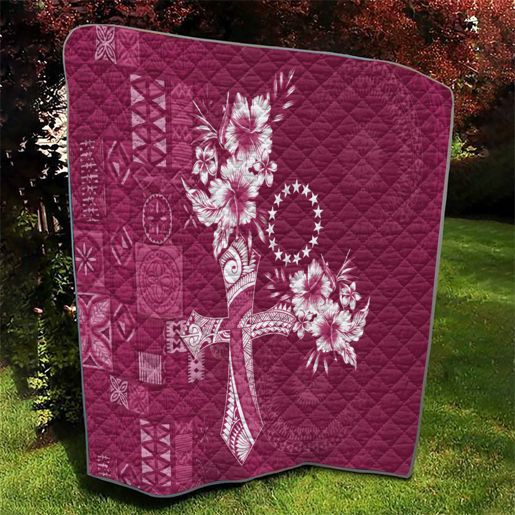 Kia Orana Cook Islands Tapa Floral With Cross Quilt Maroon LT7 - Polynesian Pride
