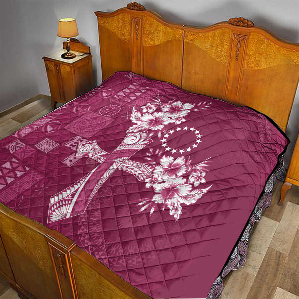 Kia Orana Cook Islands Tapa Floral With Cross Quilt Maroon LT7 - Polynesian Pride