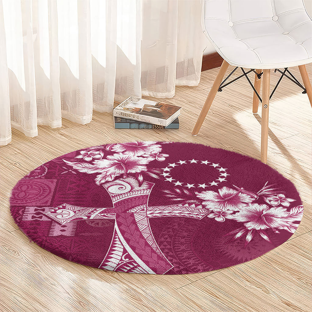 Kia Orana Cook Islands Tapa Floral With Cross Round Carpet Maroon LT7 - Polynesian Pride