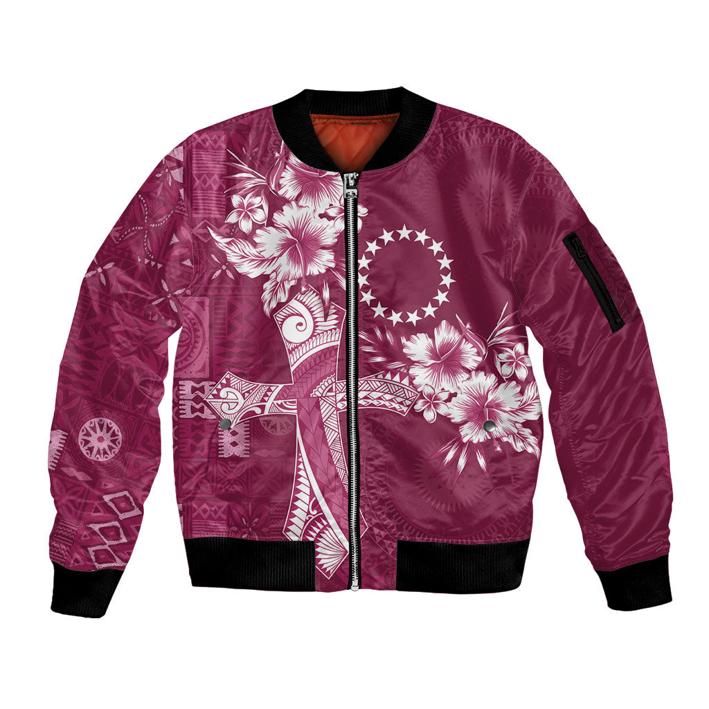 Kia Orana Cook Islands Tapa Floral With Cross Sleeve Zip Bomber Jacket Maroon LT7 Unisex Maroon - Polynesian Pride