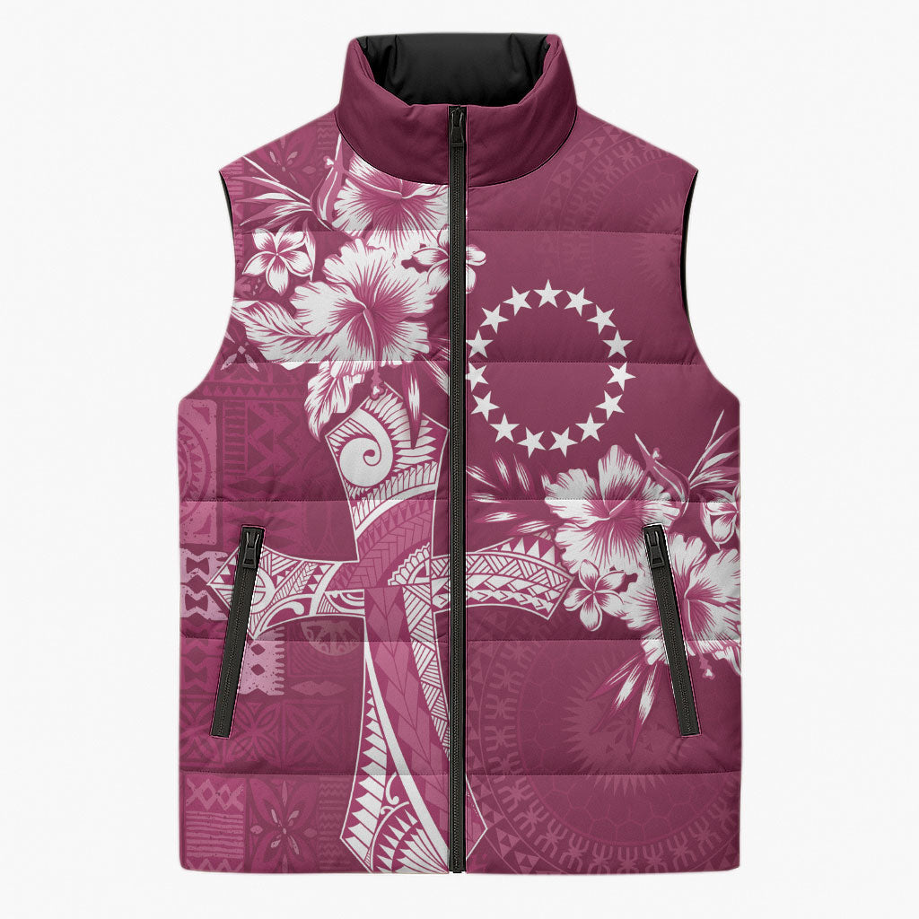 Kia Orana Cook Islands Tapa Floral With Cross Sleeveless Puffer Jacket Maroon LT7 Unisex Maroon - Polynesian Pride