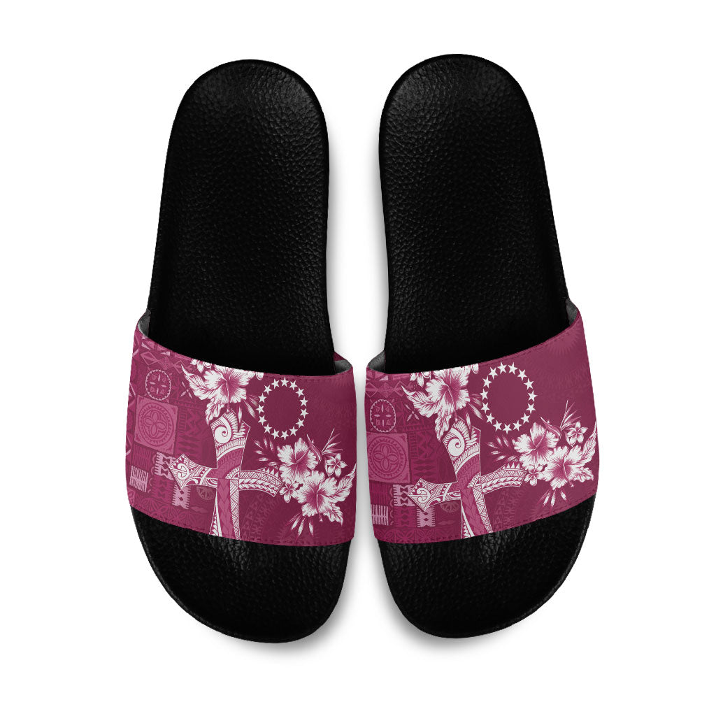 Kia Orana Cook Islands Tapa Floral With Cross Slide Sandals Maroon LT7 Maroon - Polynesian Pride