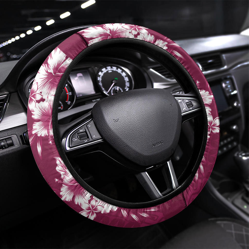 Kia Orana Cook Islands Tapa Floral With Cross Steering Wheel Cover Maroon LT7 Universal Fit Maroon - Polynesian Pride