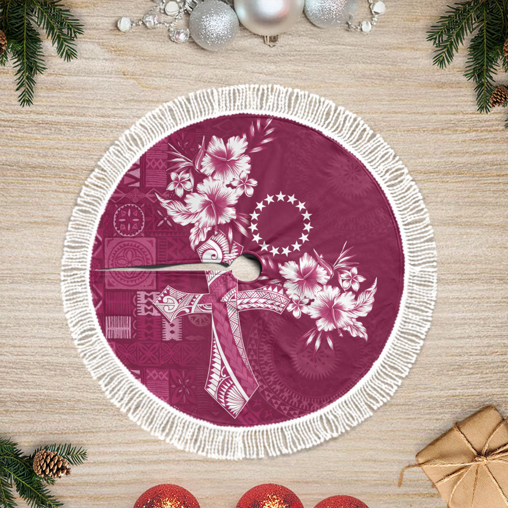 Kia Orana Cook Islands Tapa Floral With Cross Tree Skirt Maroon LT7 Fringed Maroon - Polynesian Pride
