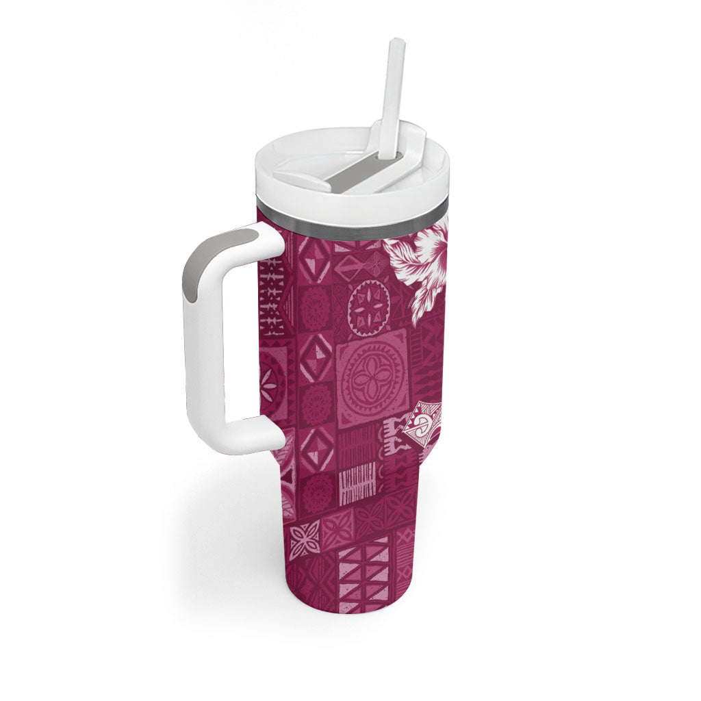 Kia Orana Cook Islands Tapa Floral With Cross Tumbler With Handle Maroon LT7 - Polynesian Pride