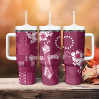 Kia Orana Cook Islands Tapa Floral With Cross Tumbler With Handle Maroon LT7 - Polynesian Pride
