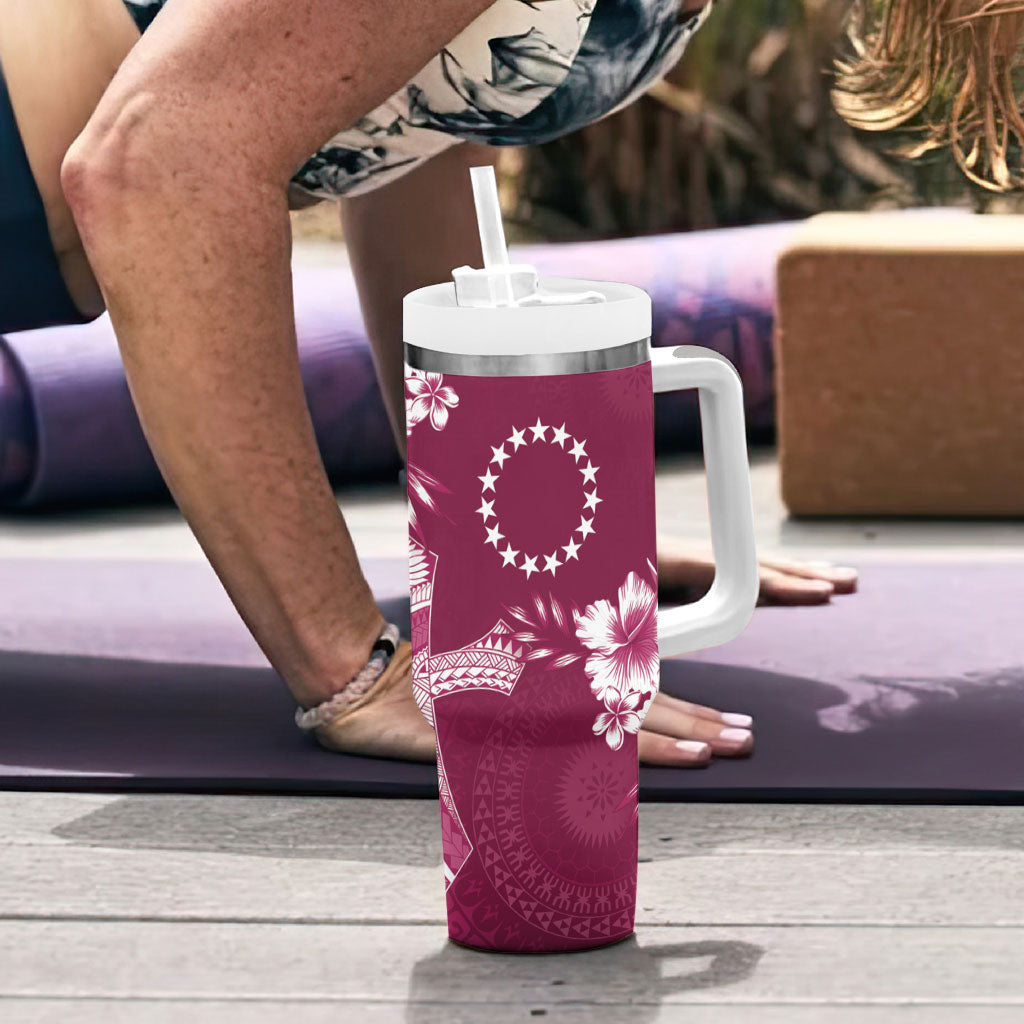Kia Orana Cook Islands Tapa Floral With Cross Tumbler With Handle Maroon LT7 - Polynesian Pride