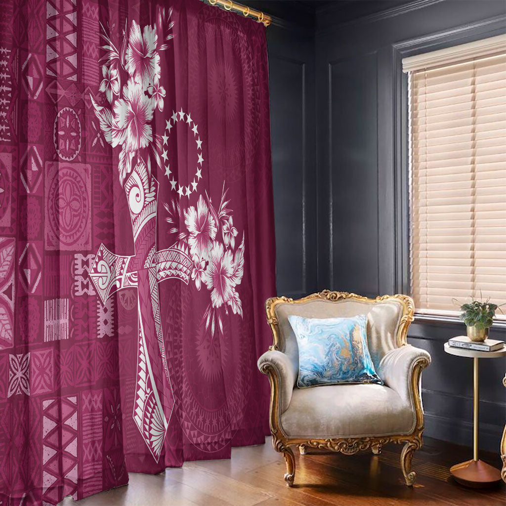 Kia Orana Cook Islands Tapa Floral With Cross Window Curtain Maroon LT7 - Polynesian Pride