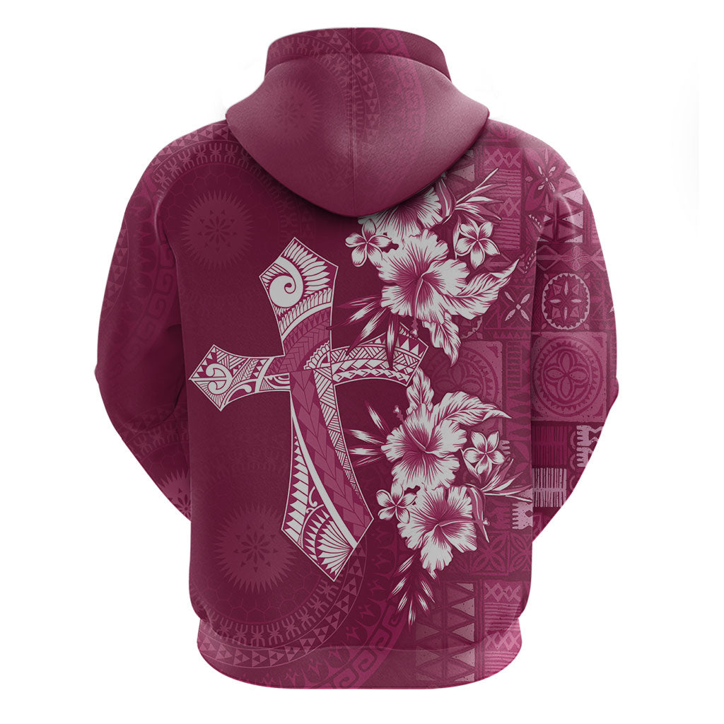 Kia Orana Cook Islands Tapa Floral With Cross Zip Hoodie Maroon LT7 - Polynesian Pride