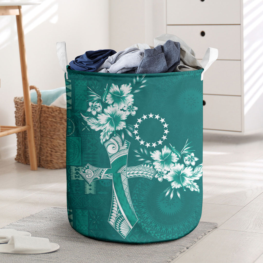 Kia Orana Cook Islands Tapa Floral With Cross Laundry Basket Deep Teal LT7 Deep Teal - Polynesian Pride