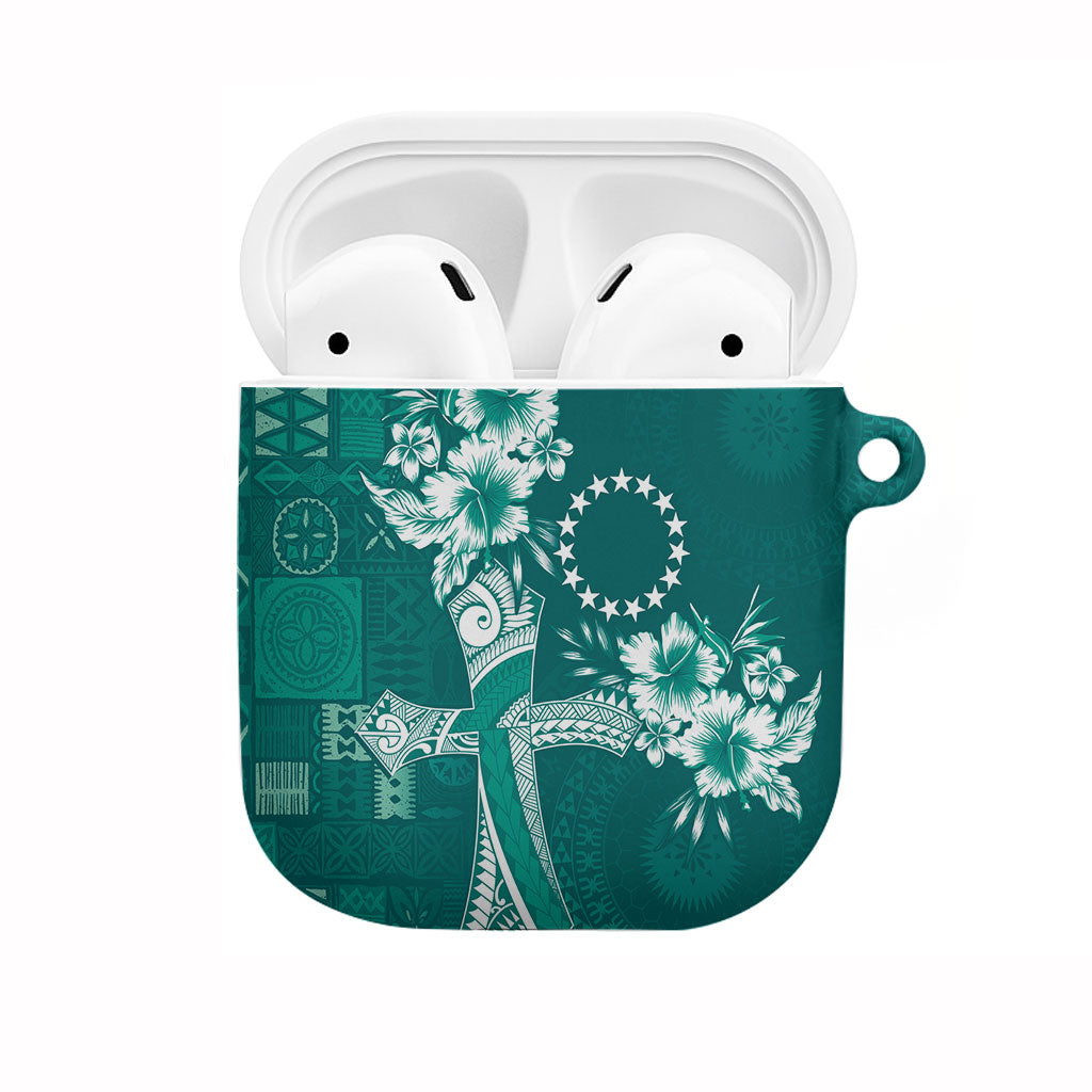 Kia Orana Cook Islands Tapa Floral With Cross AirPods Case Deep Teal LT7 Deep Teal - Polynesian Pride