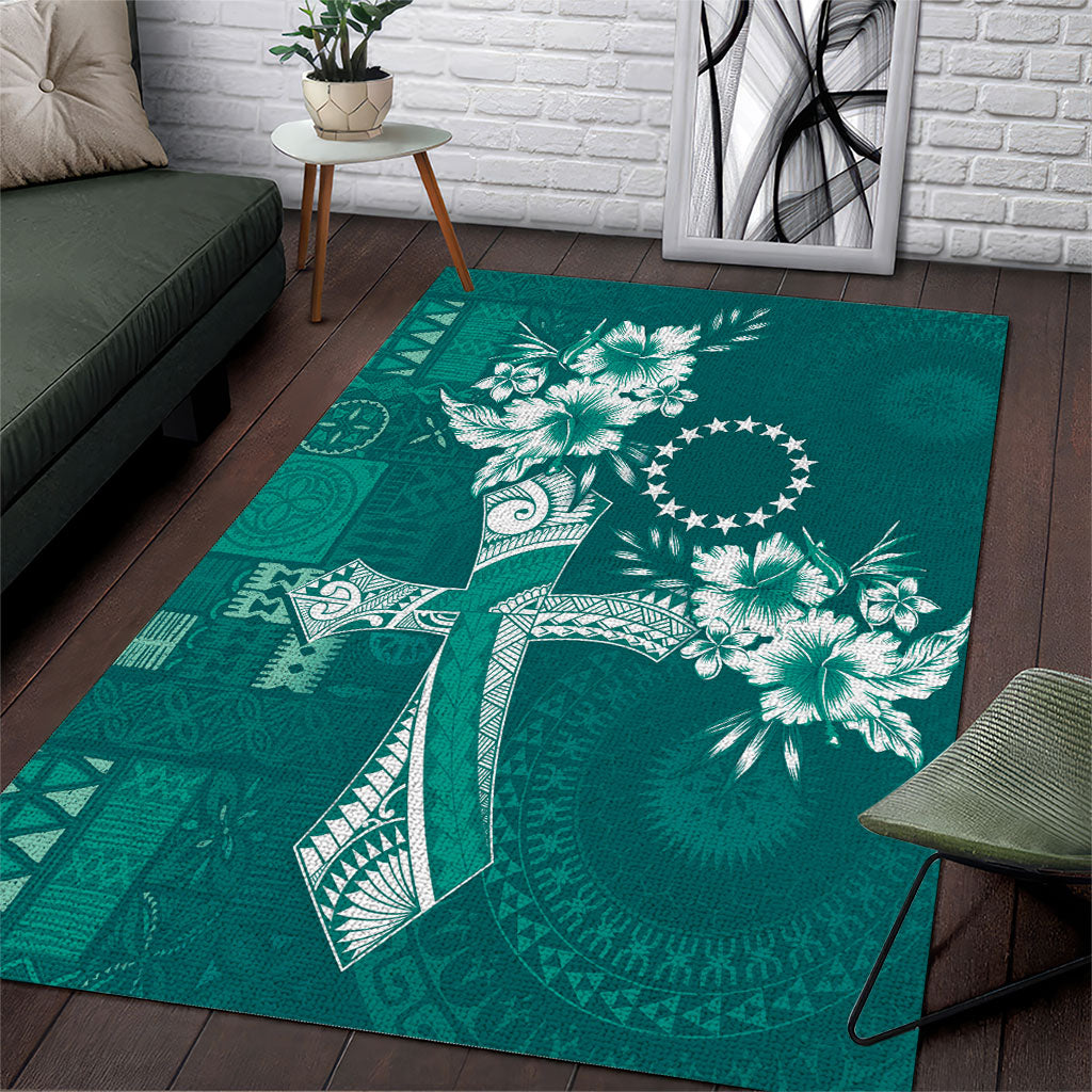 Kia Orana Cook Islands Tapa Floral With Cross Area Rug Deep Teal LT7 Deep Teal - Polynesian Pride