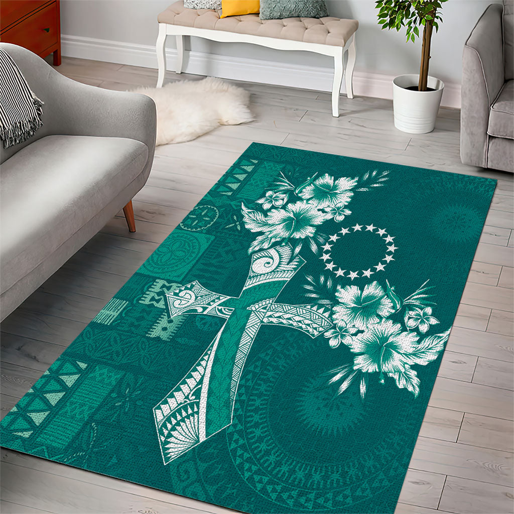 Kia Orana Cook Islands Tapa Floral With Cross Area Rug Deep Teal LT7 - Polynesian Pride