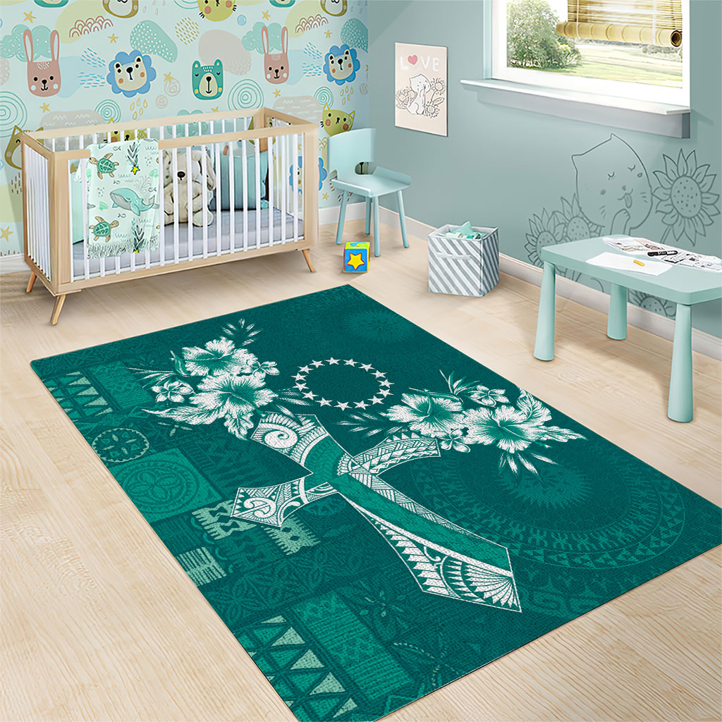 Kia Orana Cook Islands Tapa Floral With Cross Area Rug Deep Teal LT7 - Polynesian Pride