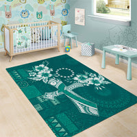 Kia Orana Cook Islands Tapa Floral With Cross Area Rug Deep Teal LT7 - Polynesian Pride