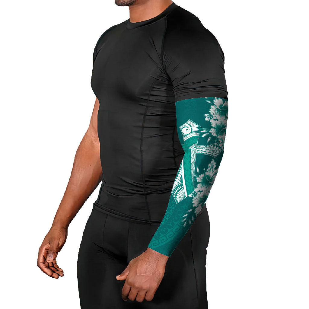 Kia Orana Cook Islands Tapa Floral With Cross Arm Sleeves Deep Teal LT7 - Polynesian Pride