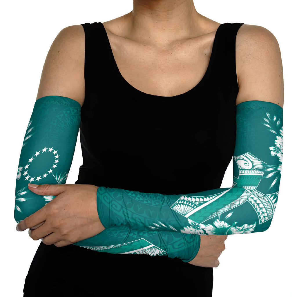 Kia Orana Cook Islands Tapa Floral With Cross Arm Sleeves Deep Teal LT7 - Polynesian Pride