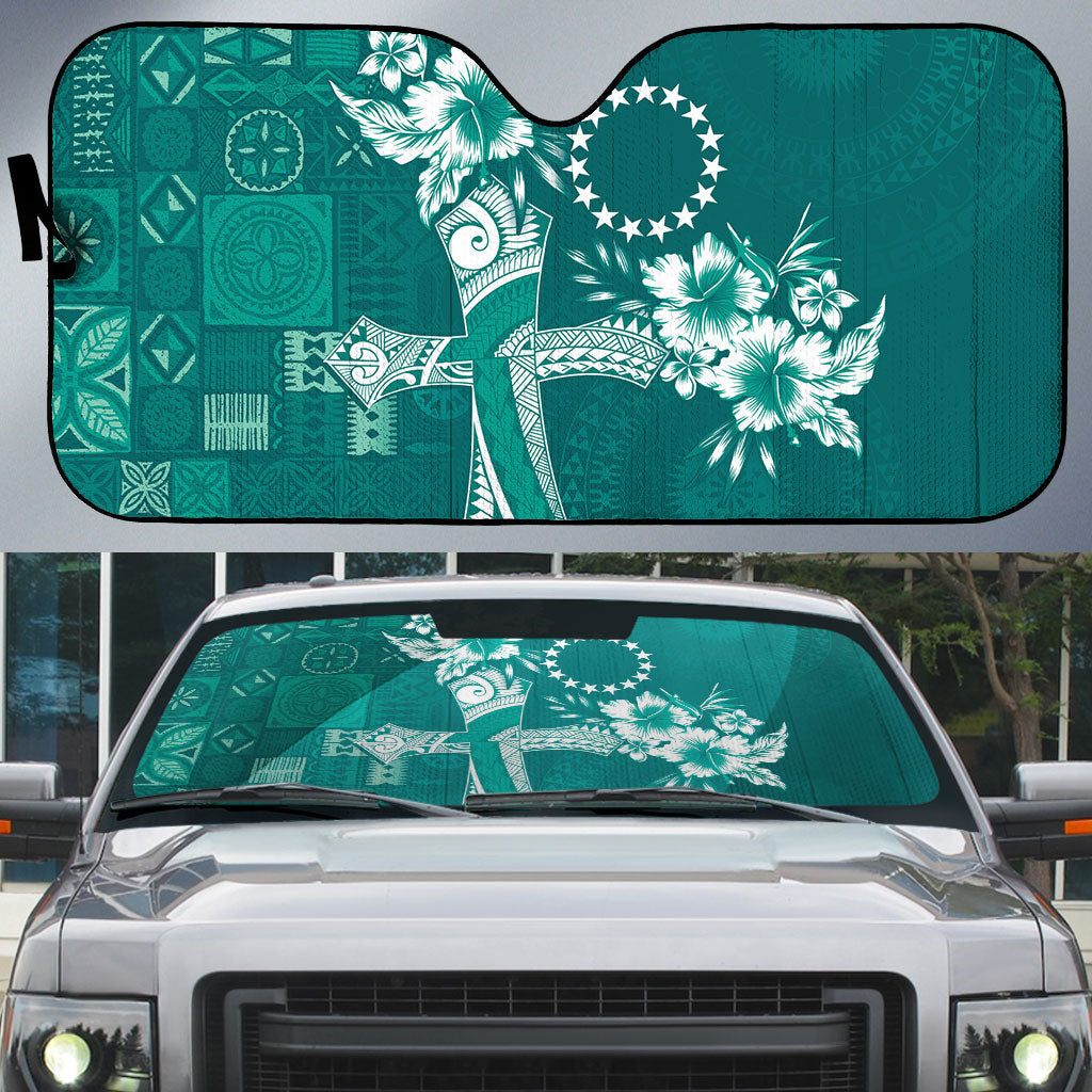 Kia Orana Cook Islands Tapa Floral With Cross Auto Sun Shade Deep Teal LT7 Deep Teal - Polynesian Pride