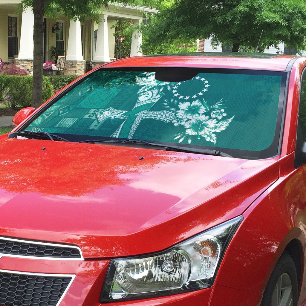 Kia Orana Cook Islands Tapa Floral With Cross Auto Sun Shade Deep Teal LT7 - Polynesian Pride