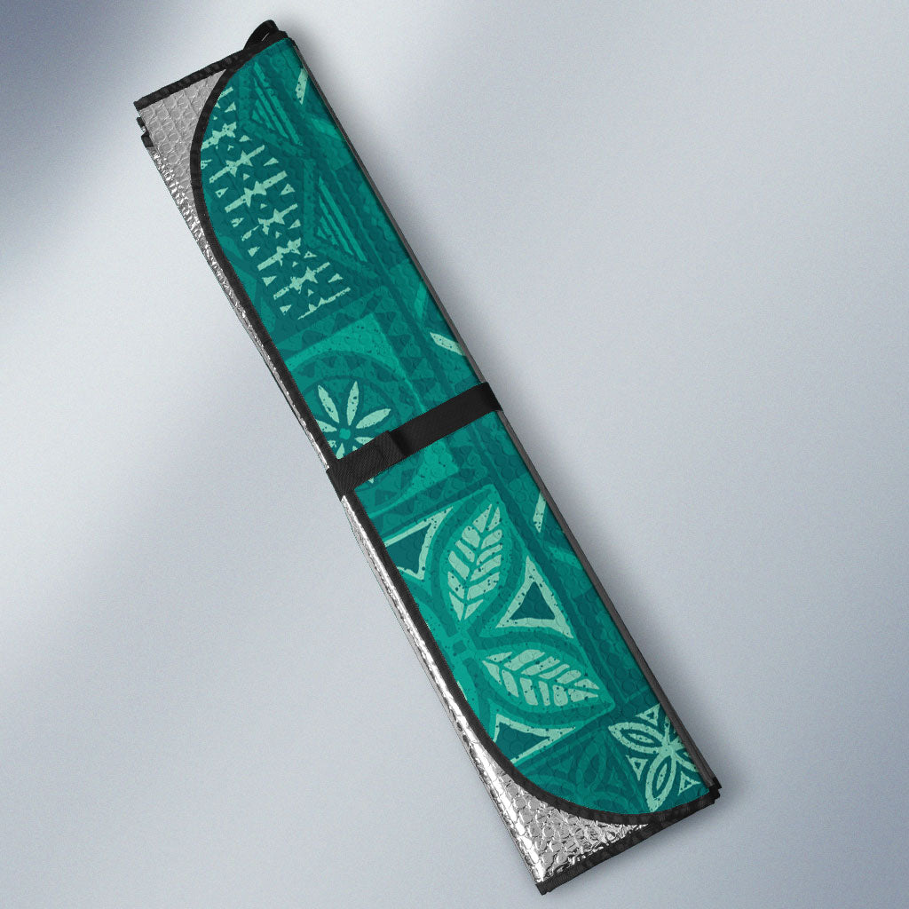 Kia Orana Cook Islands Tapa Floral With Cross Auto Sun Shade Deep Teal LT7 - Polynesian Pride