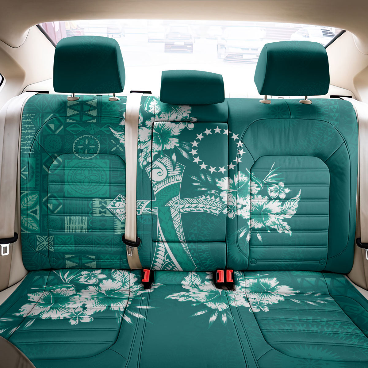 Kia Orana Cook Islands Tapa Floral With Cross Back Car Seat Cover Deep Teal LT7 - Polynesian Pride