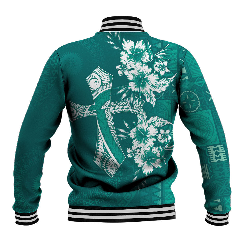 Kia Orana Cook Islands Tapa Floral With Cross Baseball Jacket Deep Teal LT7 - Polynesian Pride