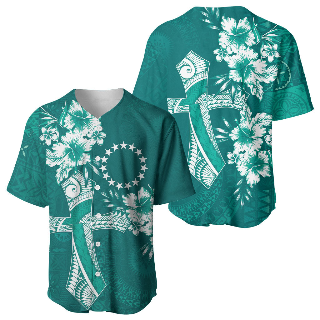 Kia Orana Cook Islands Tapa Floral With Cross Baseball Jersey Deep Teal LT7 - Polynesian Pride