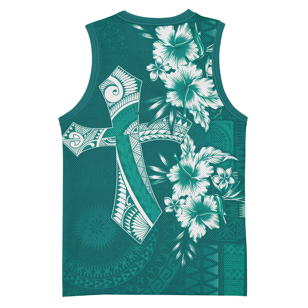 Kia Orana Cook Islands Tapa Floral With Cross Basketball Jersey Deep Teal LT7 - Polynesian Pride