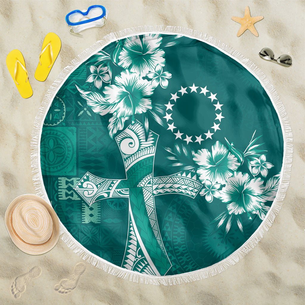 Kia Orana Cook Islands Tapa Floral With Cross Beach Blanket Deep Teal