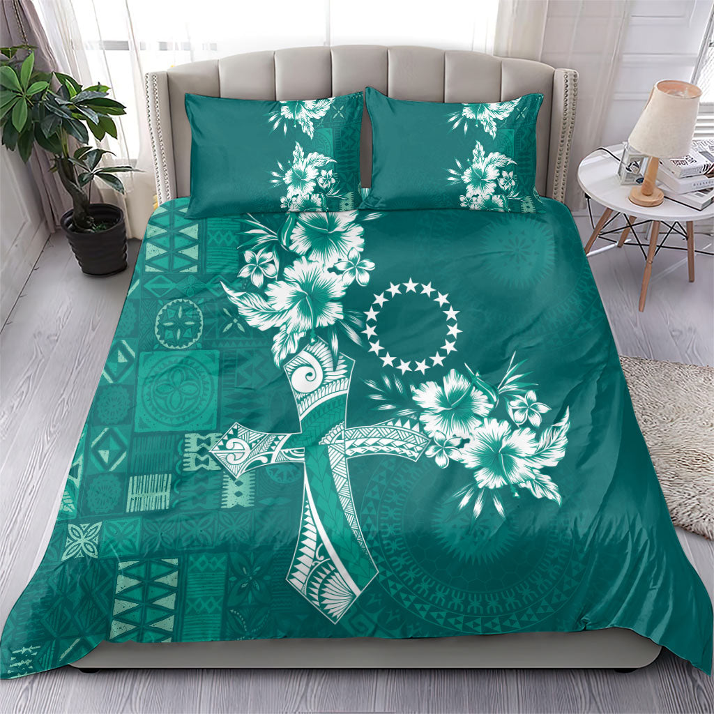 Kia Orana Cook Islands Tapa Floral With Cross Bedding Set Deep Teal LT7 - Polynesian Pride