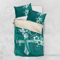 Kia Orana Cook Islands Tapa Floral With Cross Bedding Set Deep Teal LT7 US Twin 172cm x 218cm Deep Teal - Polynesian Pride