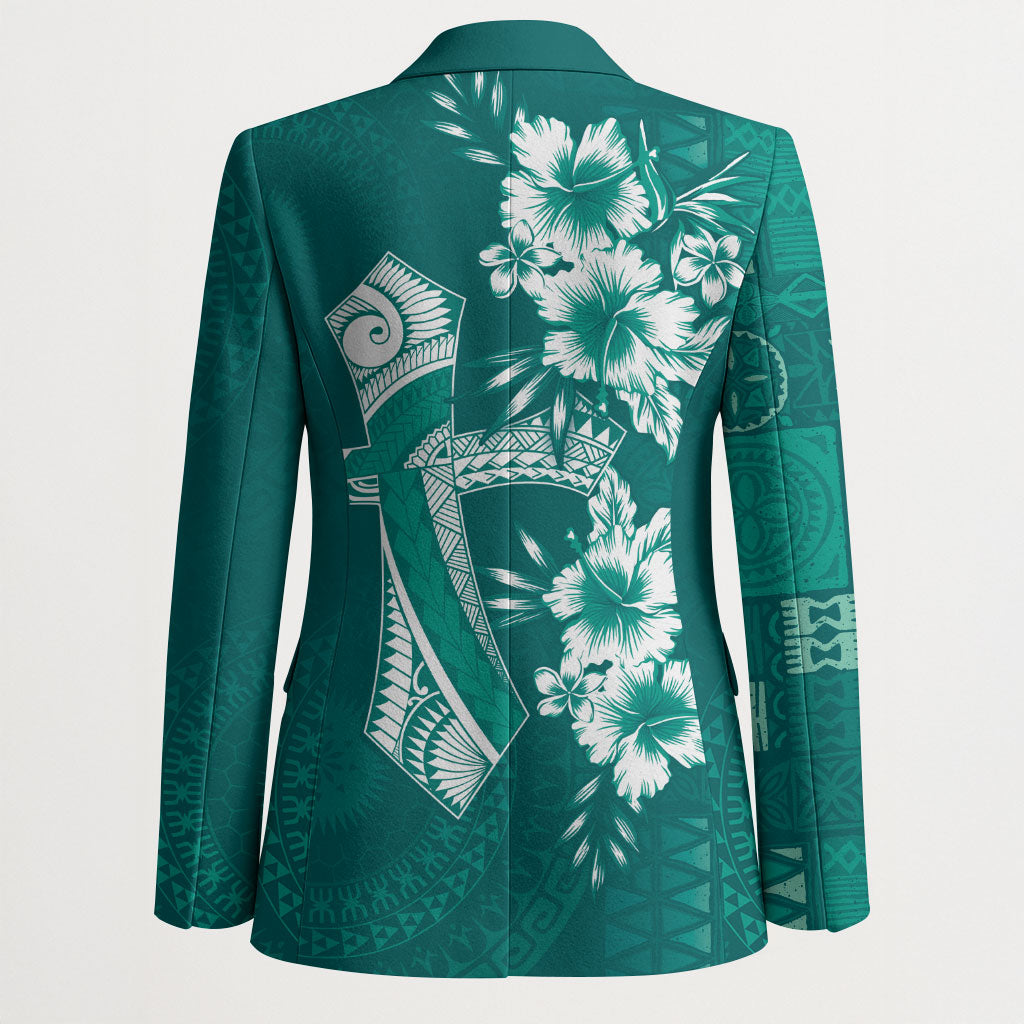 Kia Orana Cook Islands Tapa Floral With Cross Blazer Deep Teal