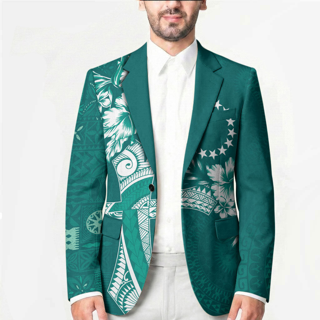 Kia Orana Cook Islands Tapa Floral With Cross Blazer Deep Teal