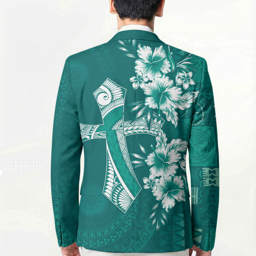 Kia Orana Cook Islands Tapa Floral With Cross Blazer Deep Teal