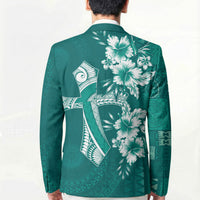 Kia Orana Cook Islands Tapa Floral With Cross Blazer Deep Teal