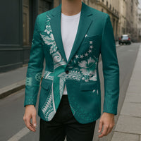Kia Orana Cook Islands Tapa Floral With Cross Blazer Deep Teal