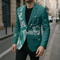Kia Orana Cook Islands Tapa Floral With Cross Blazer Deep Teal