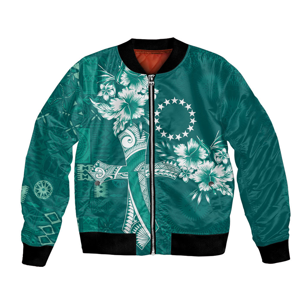 Kia Orana Cook Islands Tapa Floral With Cross Bomber Jacket Deep Teal LT7 Unisex Deep Teal - Polynesian Pride