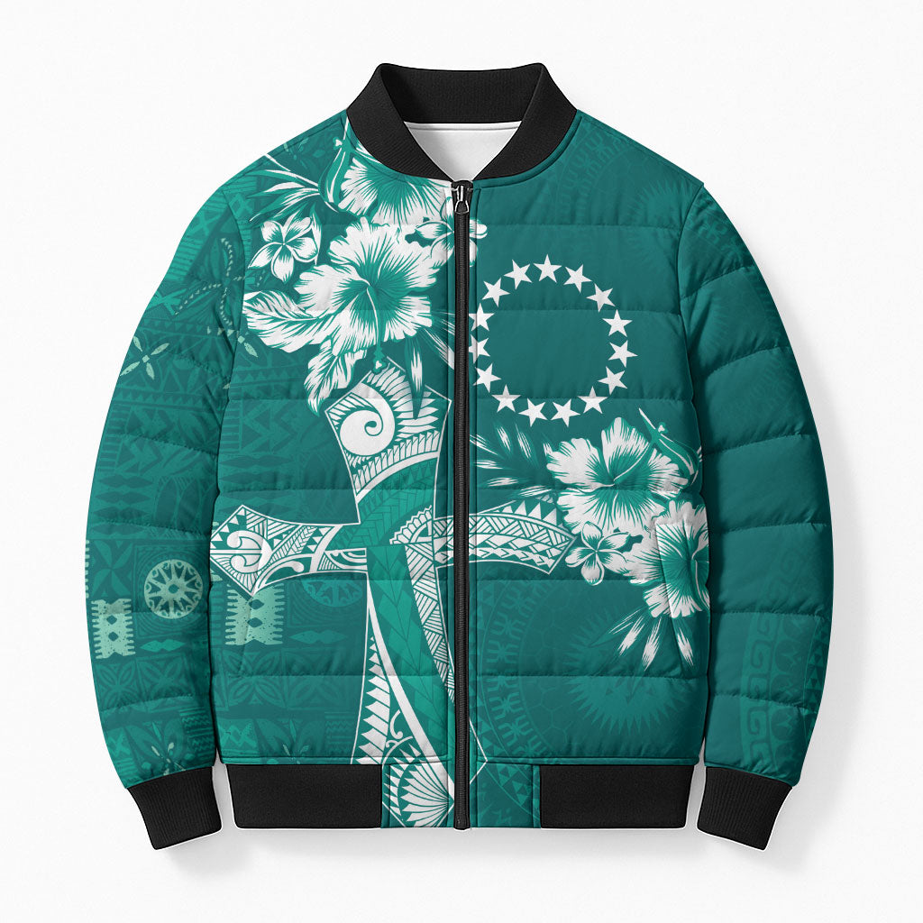 Kia Orana Cook Islands Tapa Floral With Cross Bomber Puffer Jacket Deep Teal LT7 Unisex Deep Teal - Polynesian Pride