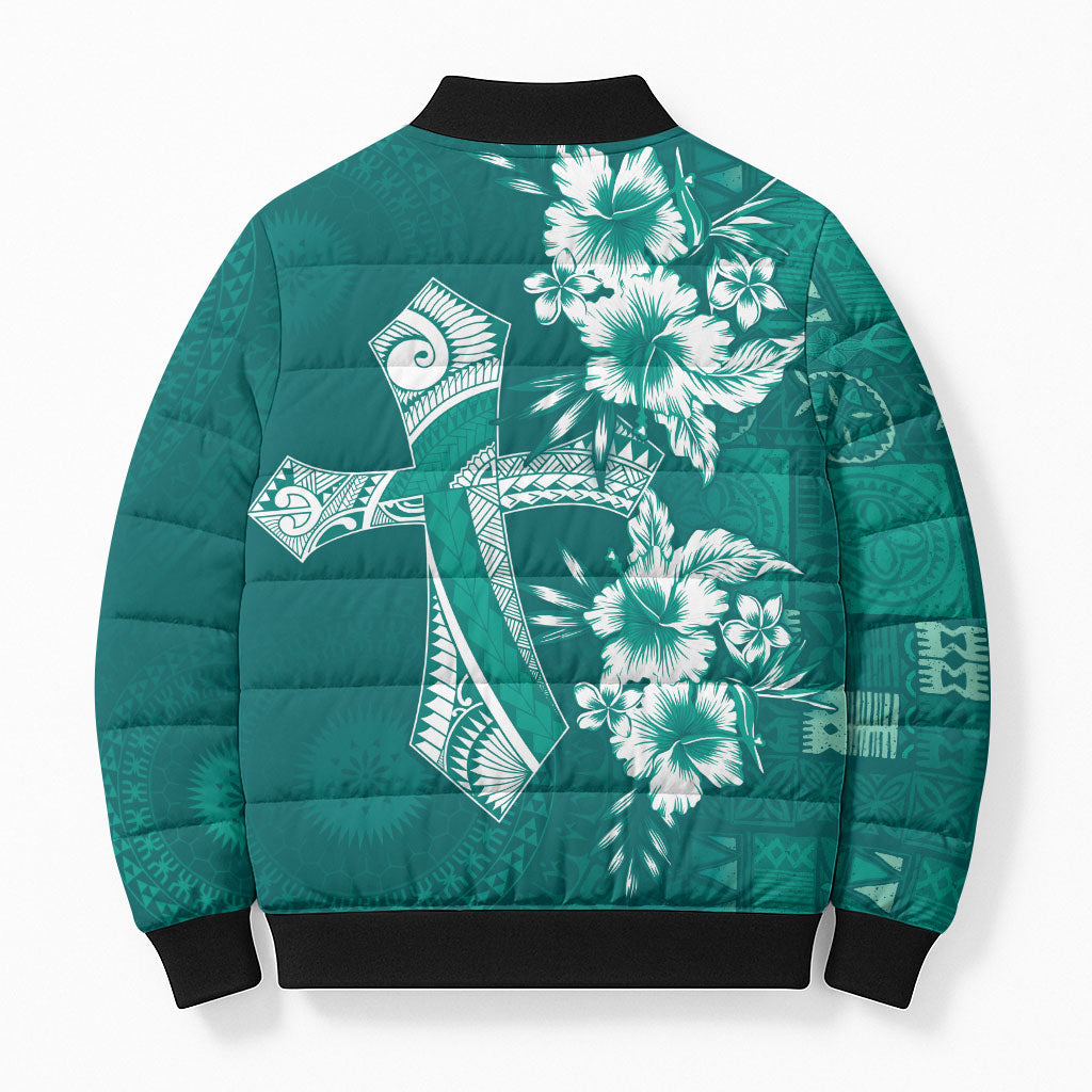Kia Orana Cook Islands Tapa Floral With Cross Bomber Puffer Jacket Deep Teal LT7 - Polynesian Pride