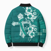 Kia Orana Cook Islands Tapa Floral With Cross Bomber Puffer Jacket Deep Teal LT7 - Polynesian Pride